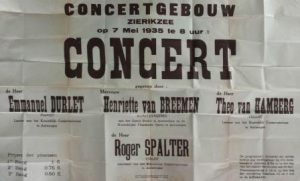 Aankondiging van een concert in het concertgebouw van Zierikzee, 7-5-1935. Collectie J.A. Spalter.